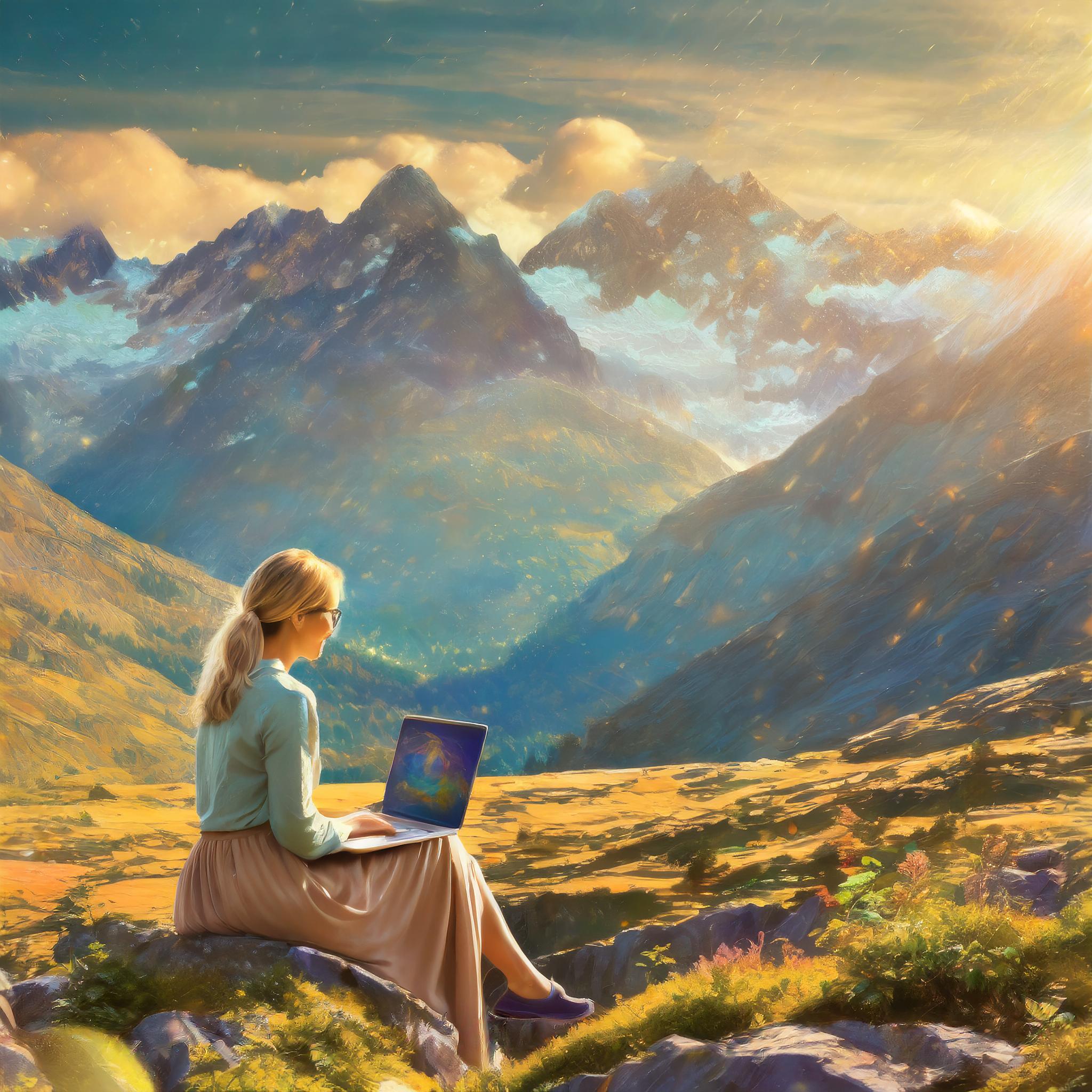 A blond woman with a laptop is coding in the mountains